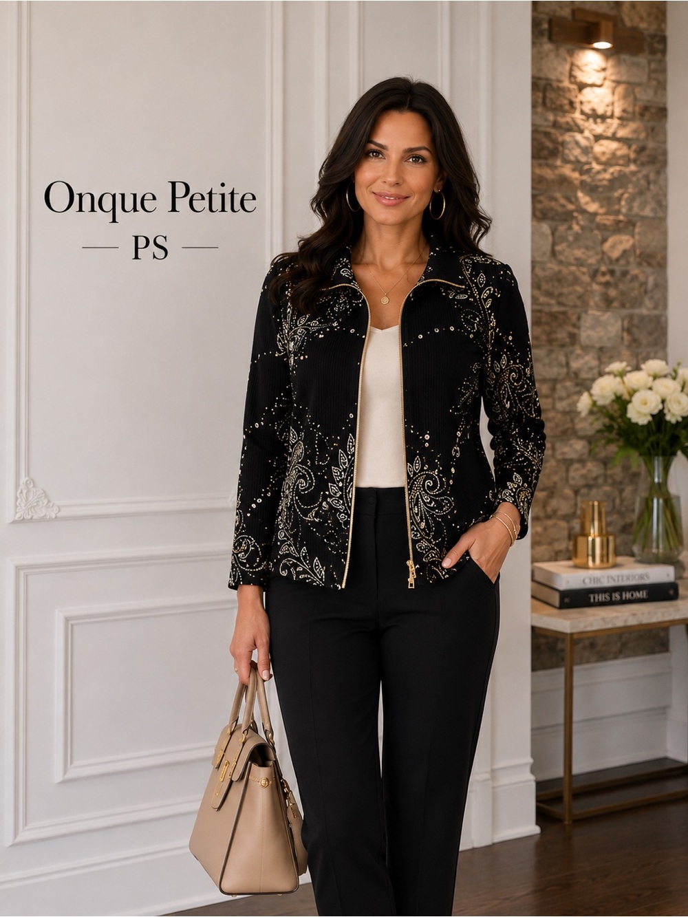 Onque Petite PS Black Gold Paisley Zip Jacket Textured Rib Knit